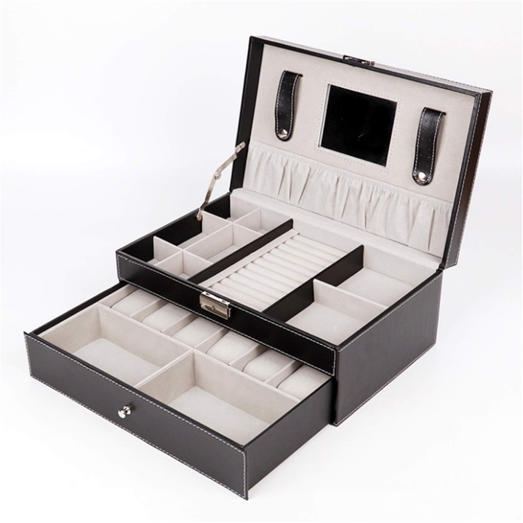 CAJA ORGANIZADORA DE CUERO DOBLE CAPA CON BANDEJA DE JOYERIA Y ESPEJO