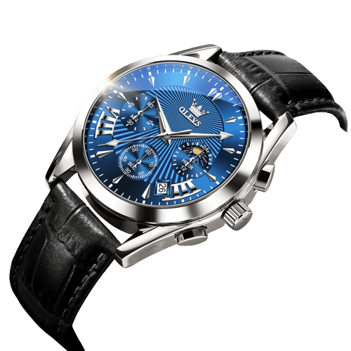 RELOJ OLEVS 2876 CUERO NEGRO ORIGINAL AZUL MACHO